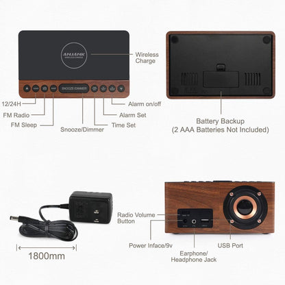 ANJANK Digital LED Alarm Clock FM Radio, Fast Wireless Charger Station for Iphone/Samsung Galaxy, 5 Level Dimmer, USB Charging Port, 2 Sounds, Sleep Timer for Bedroom, Bedside, Desk - Wood