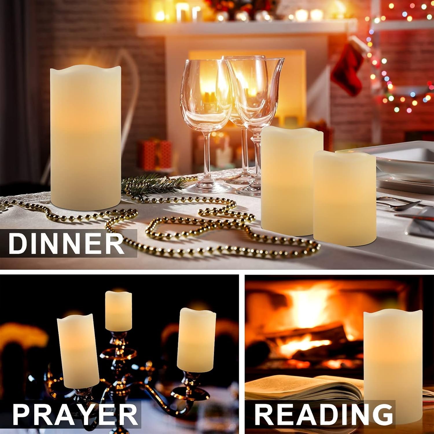 Battery Operated Flameless Candles: Remote Control LED Electric Set of 3 H4”5”6”D2.2” Ivory Real Wax Pillar Flickering Candle with Timer Home Halloween Christmas Gift Deco Ivory Classic Style