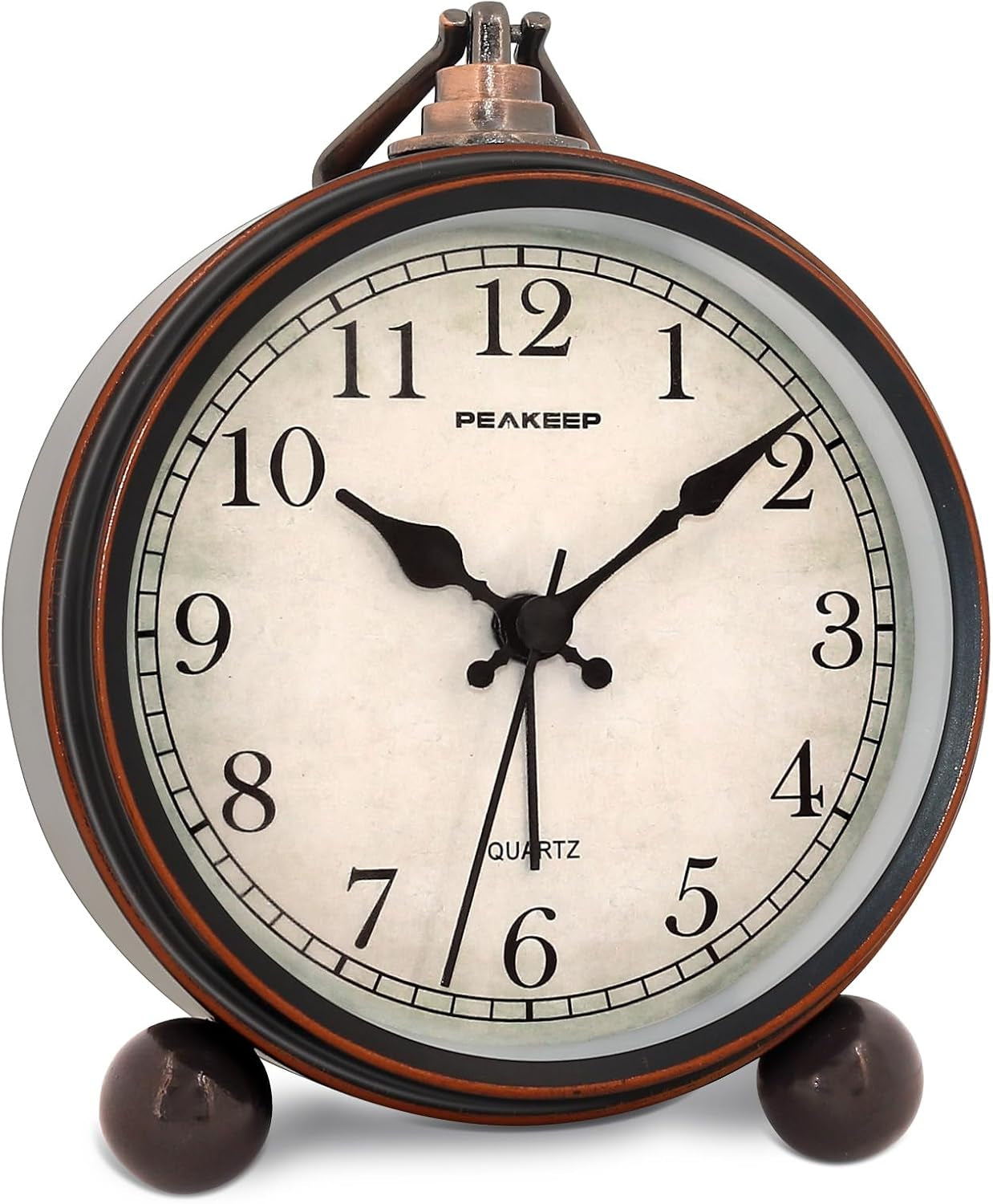 Peakeep 4" Small Battery Operated Antique Retro Analog Alarm Clock for Room Decor, Silent Elegant Bedside Desk Table Gift Clock