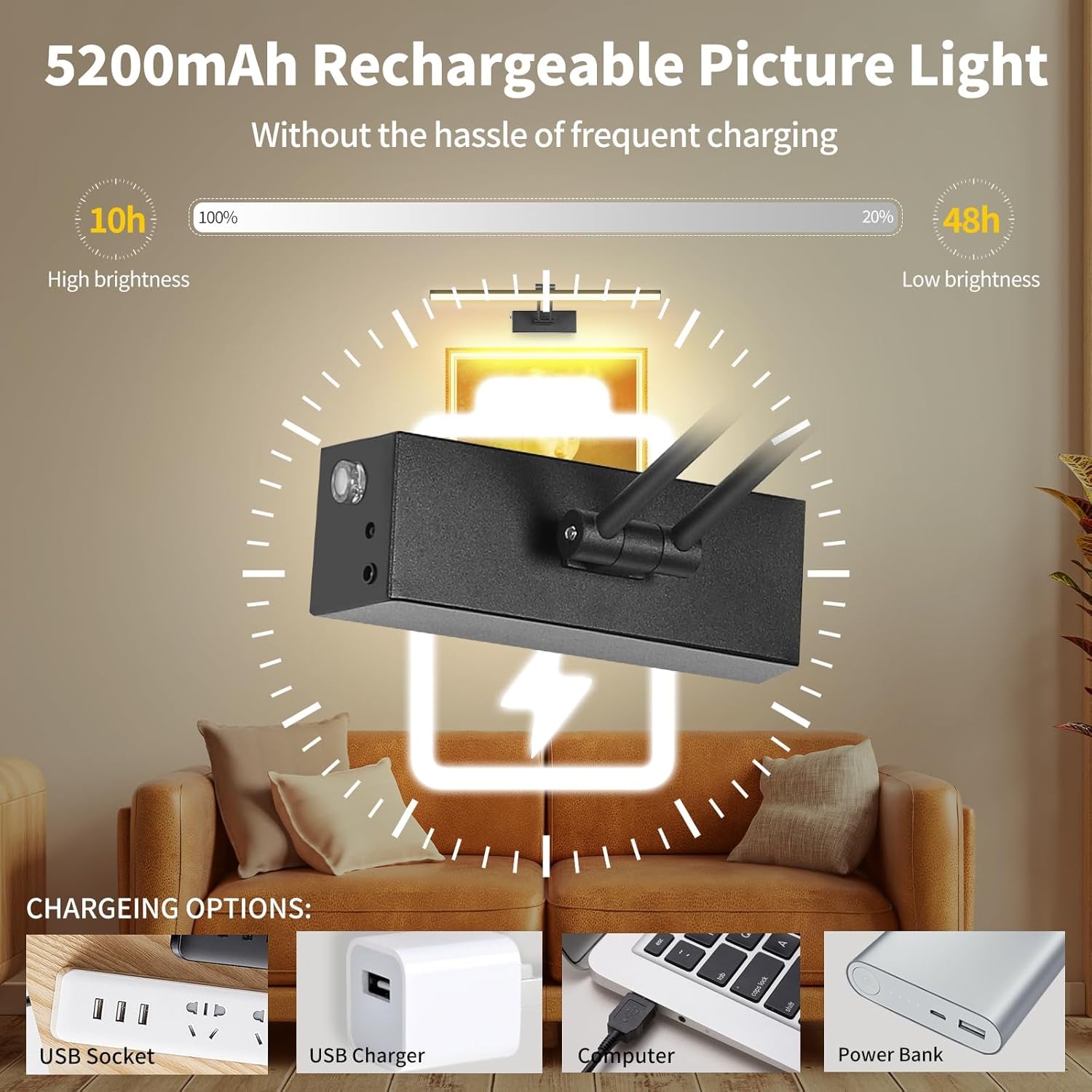 5200Mah Picture Light, Battery Operated Picture Lights for Wall, 16" Remote LED Art Light with Timer for Paintings, Dimmable Metal Painting Light for Display, Gallery (Gold)
