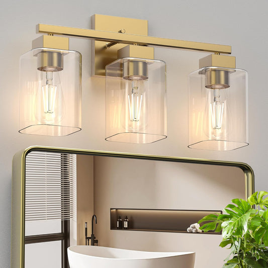 Espird 3 Light Brass Gold Vanity Light - Brushed Gold Bathroom Light Fixtures Square Design & UL Certification, Square Vintage Bathroom Light Fixtures over Mirror for Bathroom & Restroom & Bedroom