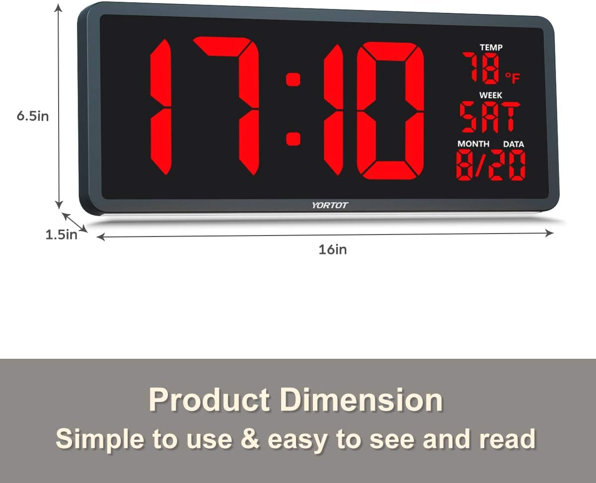 YORTOT 16” Large Digital Wall Clock with Remote Control - Adjustable Dimmer, 7 Color Night Lights, Big LED Clock with Indoor Temperature, Date, Auto DST, 12/24Hour, Wall Mount/Foldable Stand