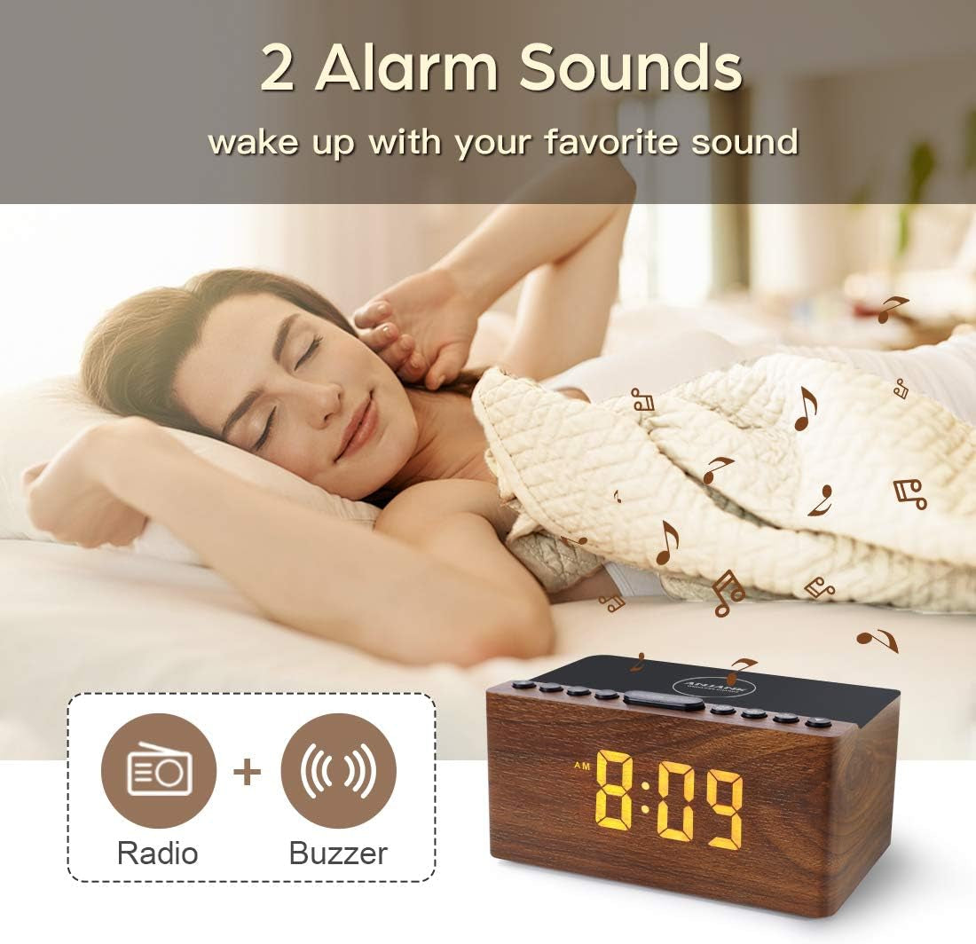 ANJANK Digital LED Alarm Clock FM Radio, Fast Wireless Charger Station for Iphone/Samsung Galaxy, 5 Level Dimmer, USB Charging Port, 2 Sounds, Sleep Timer for Bedroom, Bedside, Desk - Wood