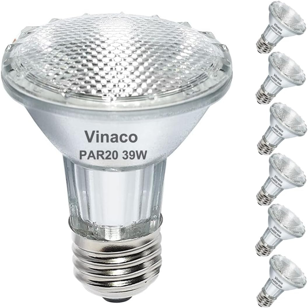 Vinaco PAR20 Halogen Light Bulbs, 6PCS 39W PAR20 Halogen Dimmable, 3000K Warm White, High Brightness PAR20 Flood 39W 120V 480 Lumens Equivalent PAR20 50W 120V, PAR20 E26 Medium Base for Track Lights