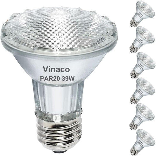Vinaco PAR20 Halogen Light Bulbs, 6PCS 39W PAR20 Halogen Dimmable, 3000K Warm White, High Brightness PAR20 Flood 39W 120V 480 Lumens Equivalent PAR20 50W 120V, PAR20 E26 Medium Base for Track Lights