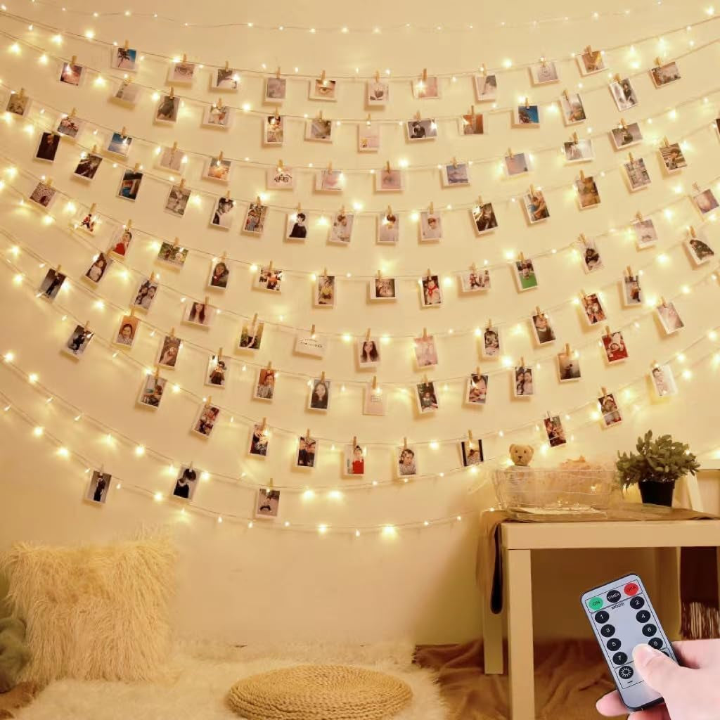 33Ft Photo Clip String Lights,Usb or Battery Powered,8 Modes 100 LED 10M Hanging String Fairy Lights with Remote,Decoration for Bedroom Christmas Wedding Décor