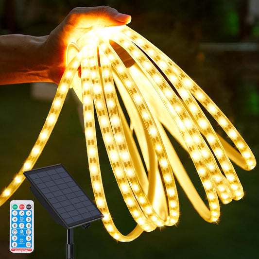 32.8FT 600LED Solar LED Strip Lights Outdoor, Outdoor String Lights Waterproof, 8 Modes Solar Rope Lights with Remote for Step, Stair, Deck, Fence, Patio,Yard Decor(Warm White)