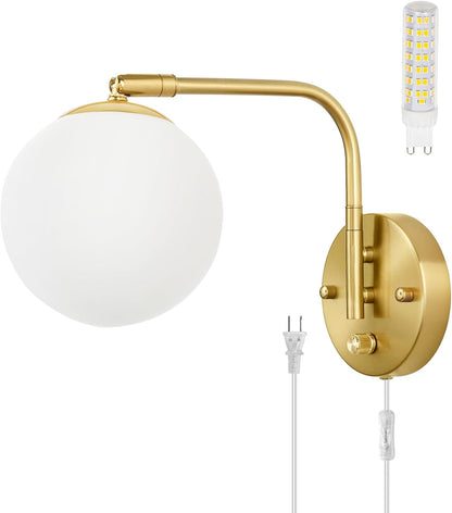 Dimmable Wall Sconces Plug In, Swing Arm Wall Lights with Plug in Cord and Dimmer On/Off Knob Switch, Dimmable Wall Light with Milky White Glass Globe Shade(2 Bulbs Included)