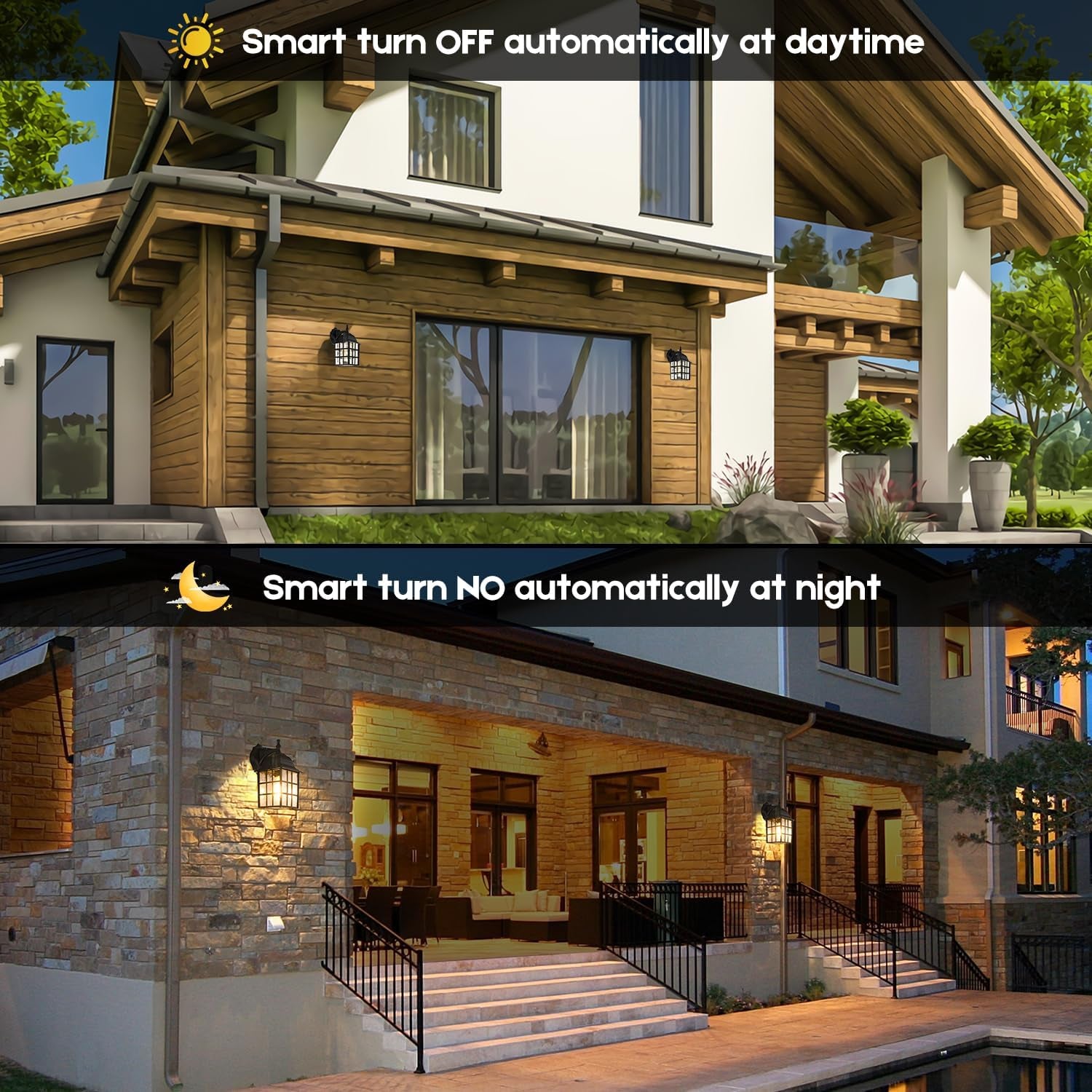 Brightever 2-Pack Dusk to Dawn Outdoor Wall Lantern, Exterior Light Fixtures Wall Mount with Photocell Sensor, Black Wall Light Waterproof, Waterfall Glass outside Wall Sconce for Porch House Garage