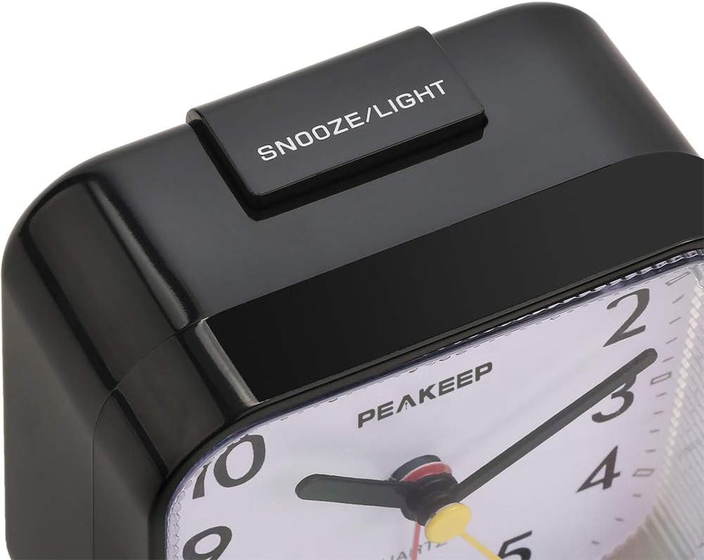 Peakeep Small Battery Operated Analog Travel Alarm Clock Silent No Ticking, Lighted on Demand and Snooze, Beep Sounds, Gentle Wake, Ascending Alarm, Easy Set (Black)