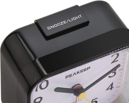 Peakeep Small Battery Operated Analog Travel Alarm Clock Silent No Ticking, Lighted on Demand and Snooze, Beep Sounds, Gentle Wake, Ascending Alarm, Easy Set (Black)