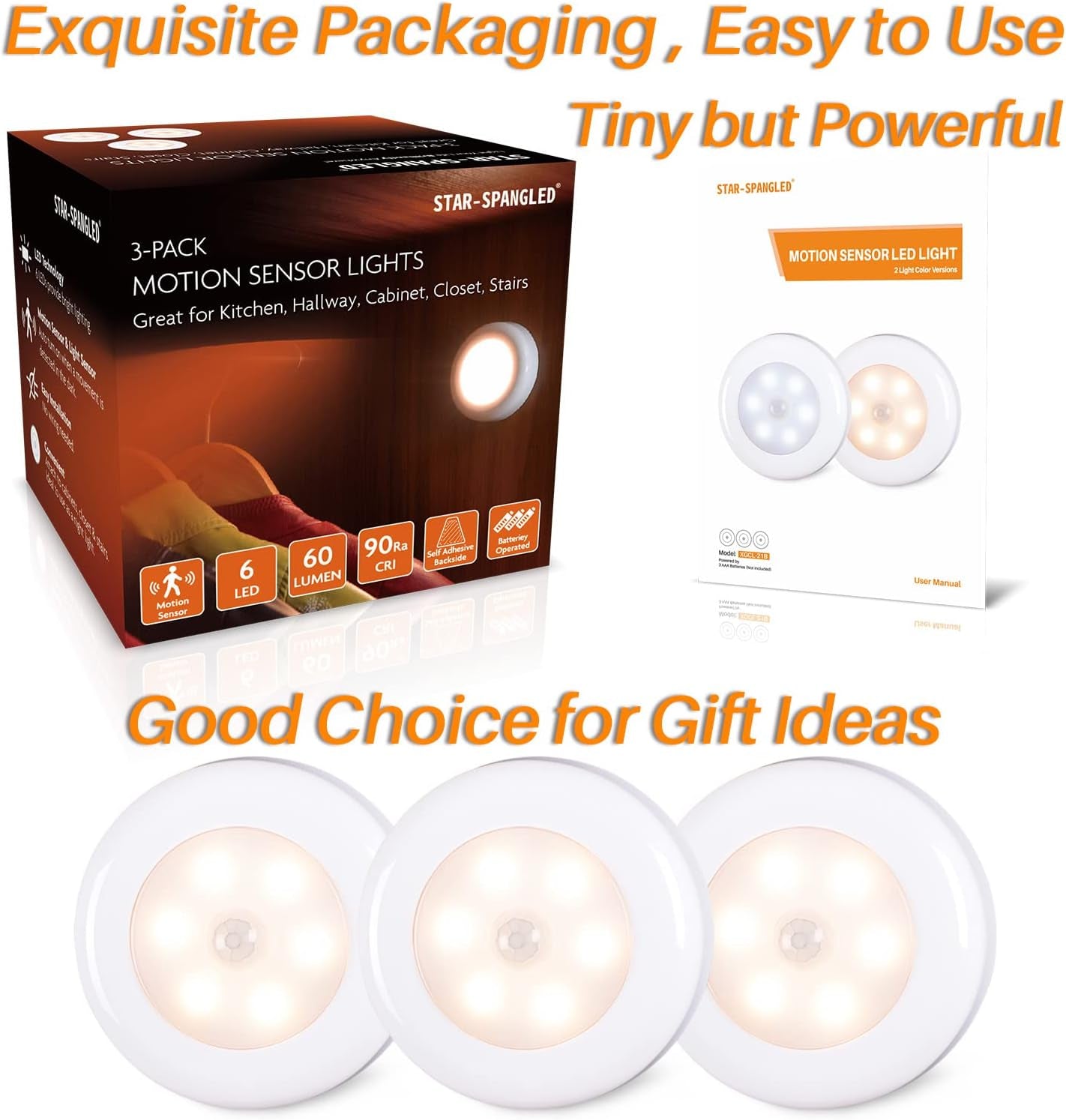 STAR-SPANGLED 3 Pack 2.8” Motion Sensor Lights Indoor AAA Battery Operated, Stick on LED Puck Light for Stairs, under Cabinet, Closet, Warm White