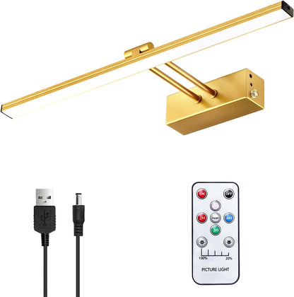 5200Mah Picture Light, Battery Operated Picture Lights for Wall, 16" Remote LED Art Light with Timer for Paintings, Dimmable Metal Painting Light for Display, Gallery (Gold)