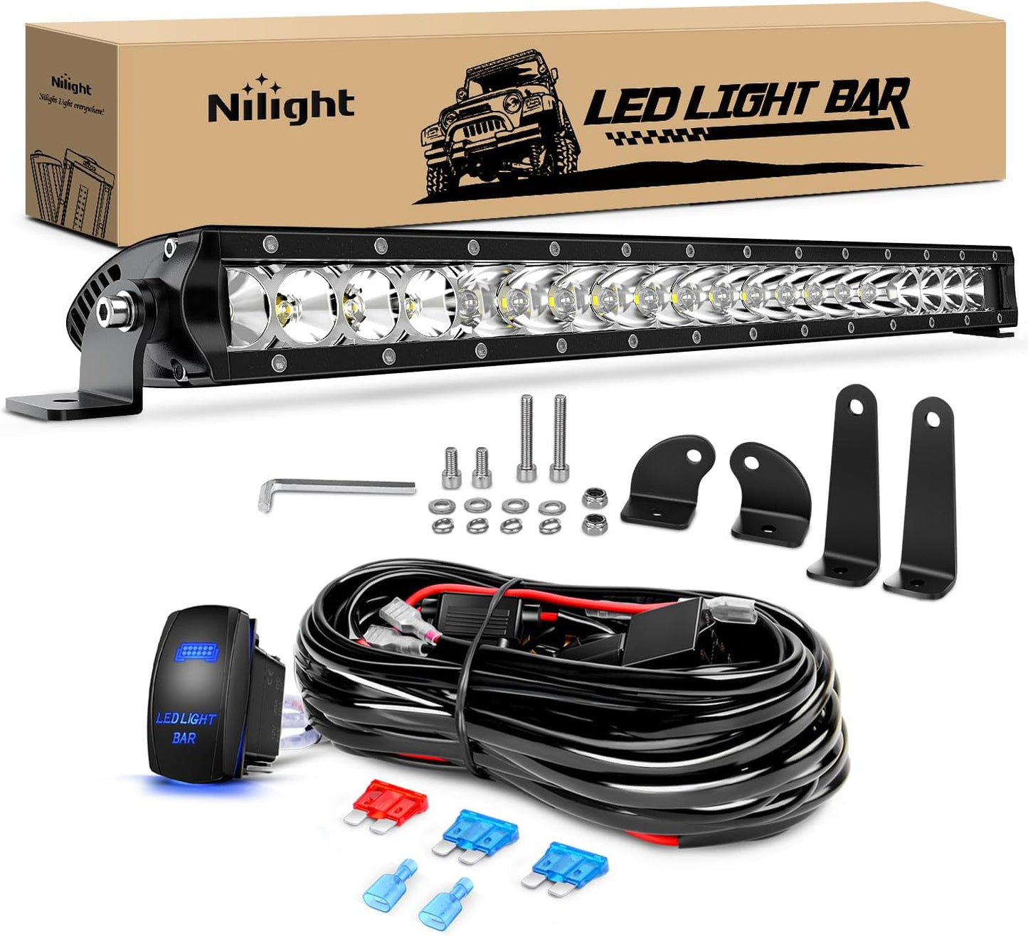 Nilight Slim LED Light Bar 21 Inch 52LED Single Row Spot Flood Combo Fog Light Driving Light Work Light Roof Bumper Lamp Offroad Light for 4X4 Trucks SUV ATV UTV