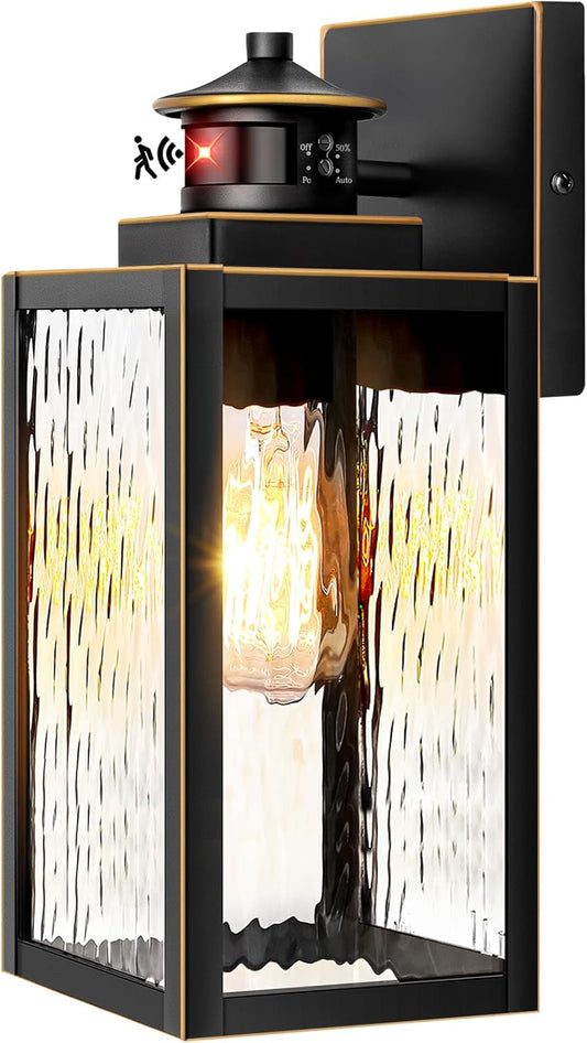 Motion Sensor Outdoor Wall Lights, Waterproof Exterior Lighting Fixtures with Water-Rippled Glass, Bronze Modern outside Wall Sconce Lanterns for House, Porch, Garage, Patio, Bulbs Not Included