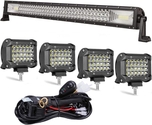 LED Straight Light Bar,32Inch459W +4Pcs 72W Led Pods Tri Row Lens Flood Spot Combo Beam Led Driving Lights Super Bright off Road Lights with Wiring Harness for Trucks UTV ATV Boat