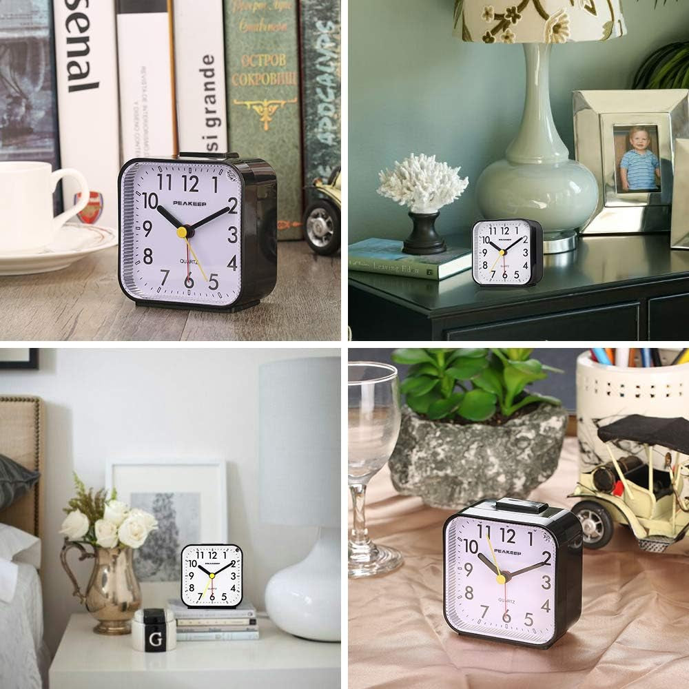 Peakeep Small Battery Operated Analog Travel Alarm Clock Silent No Ticking, Lighted on Demand and Snooze, Beep Sounds, Gentle Wake, Ascending Alarm, Easy Set (Black)