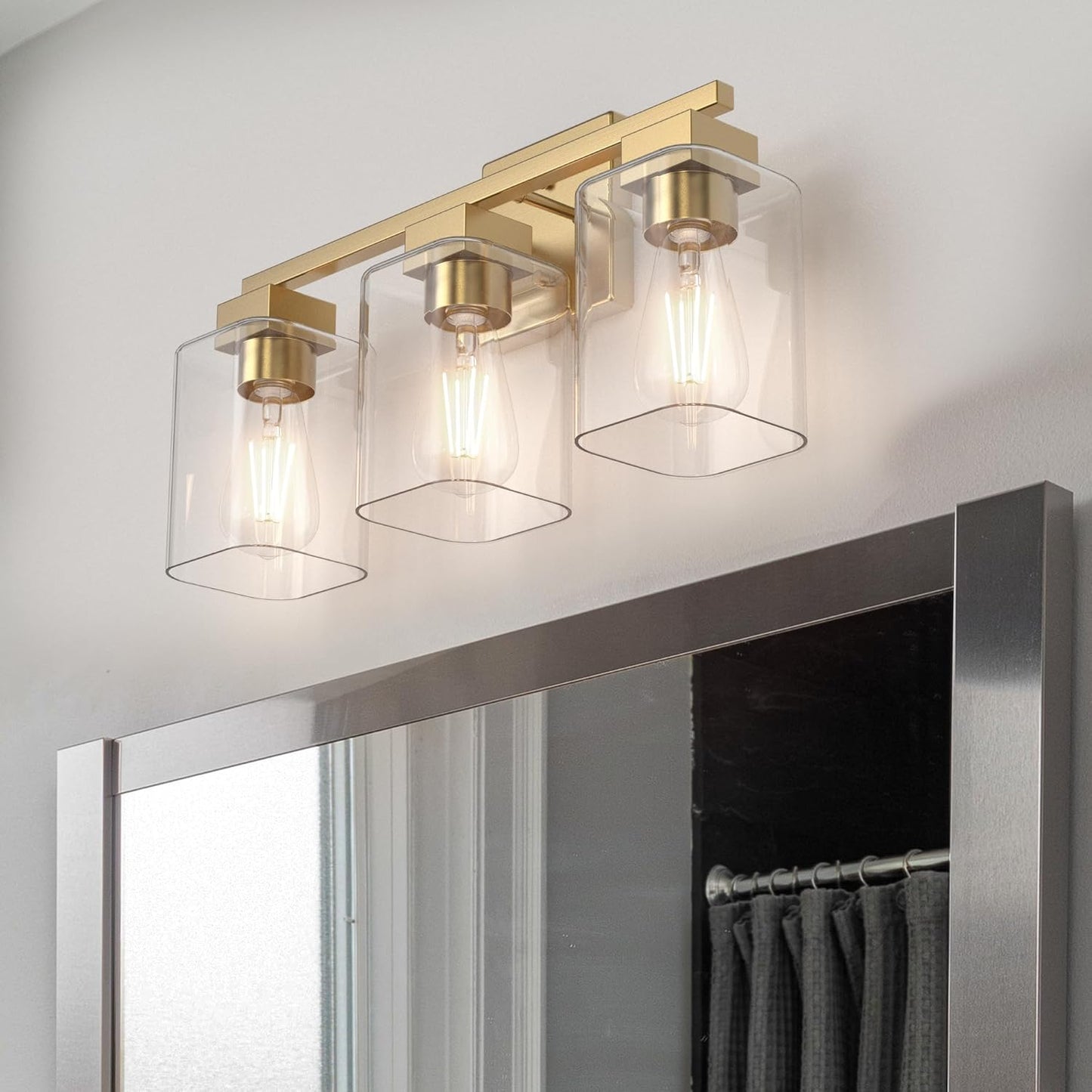 Espird 3 Light Brass Gold Vanity Light - Brushed Gold Bathroom Light Fixtures Square Design & UL Certification, Square Vintage Bathroom Light Fixtures over Mirror for Bathroom & Restroom & Bedroom