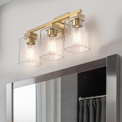 Espird 3 Light Brass Gold Vanity Light - Brushed Gold Bathroom Light Fixtures Square Design & UL Certification, Square Vintage Bathroom Light Fixtures over Mirror for Bathroom & Restroom & Bedroom