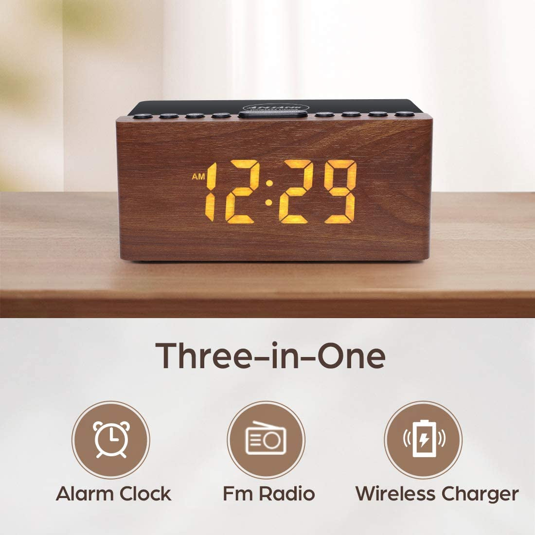 ANJANK Digital LED Alarm Clock FM Radio, Fast Wireless Charger Station for Iphone/Samsung Galaxy, 5 Level Dimmer, USB Charging Port, 2 Sounds, Sleep Timer for Bedroom, Bedside, Desk - Wood