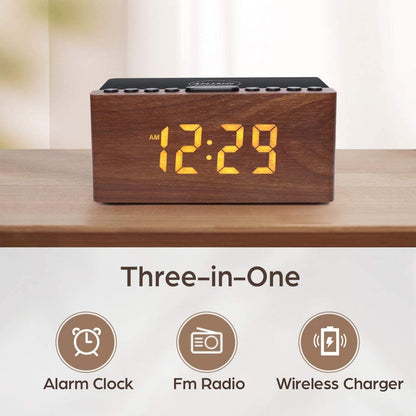 ANJANK Digital LED Alarm Clock FM Radio, Fast Wireless Charger Station for Iphone/Samsung Galaxy, 5 Level Dimmer, USB Charging Port, 2 Sounds, Sleep Timer for Bedroom, Bedside, Desk - Wood
