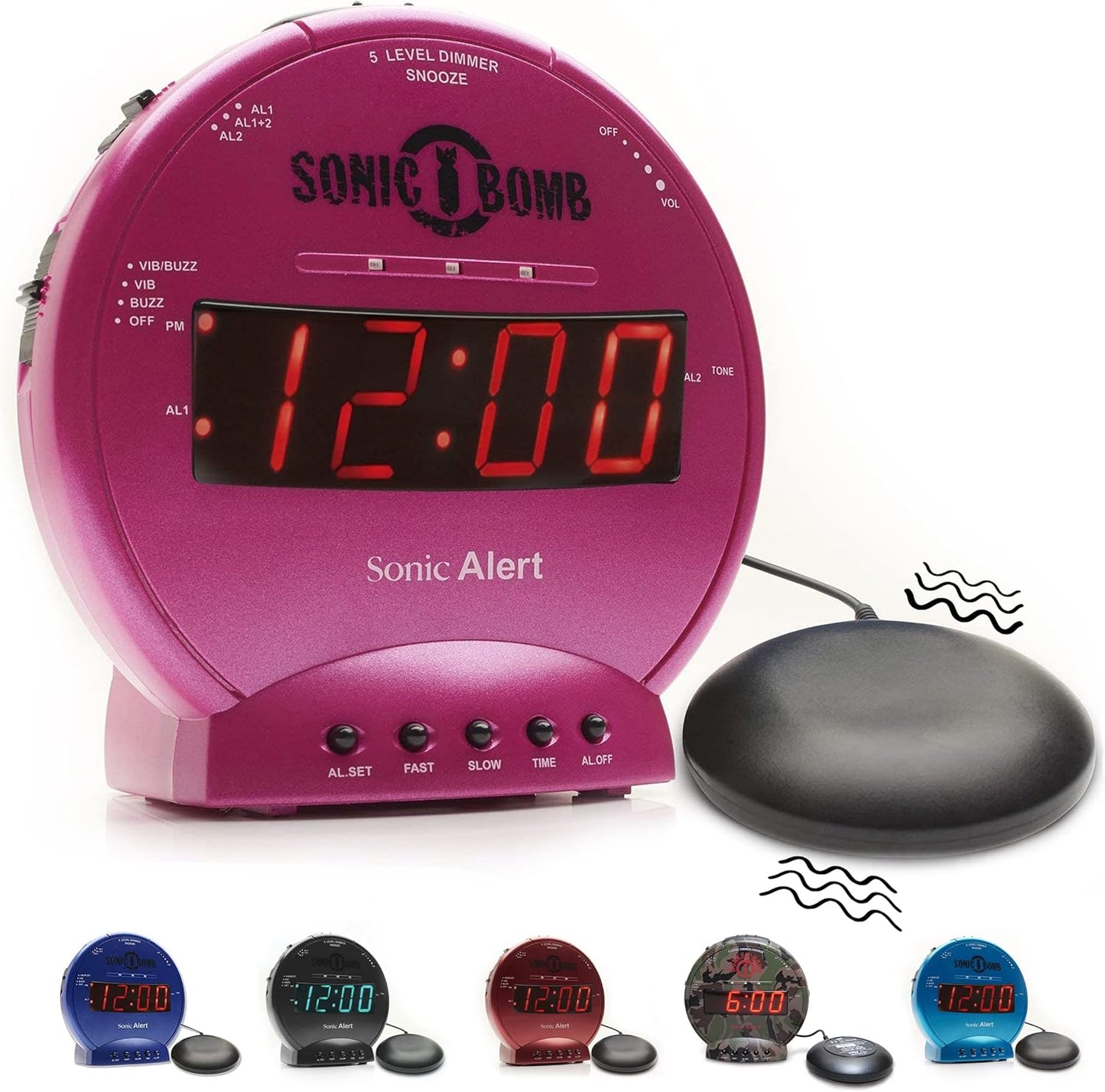 Sonic Bomb Dual Extra Loud Alarm Clock with Bed Shaker, Black | Sonic Alert Vibrating, Heavy Sleepers, Battery Backup | Wake with a Shake