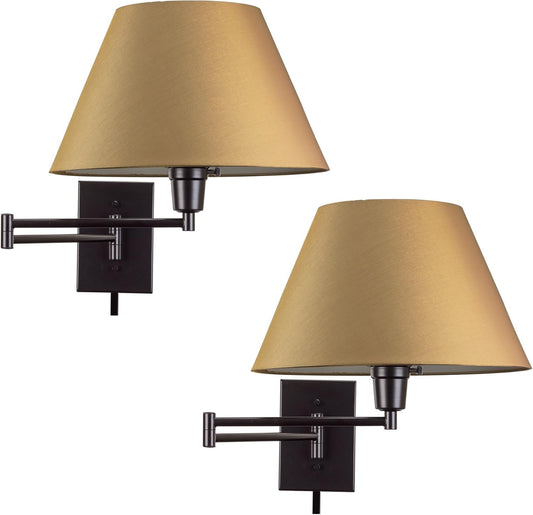 Kira Home Cambridge 15" Swing Arm Wall Lamp - Plug In/Wall Mount + Golden Bronze Fabric Shade, 150W 3-Way, Black Finish, 2-Pack