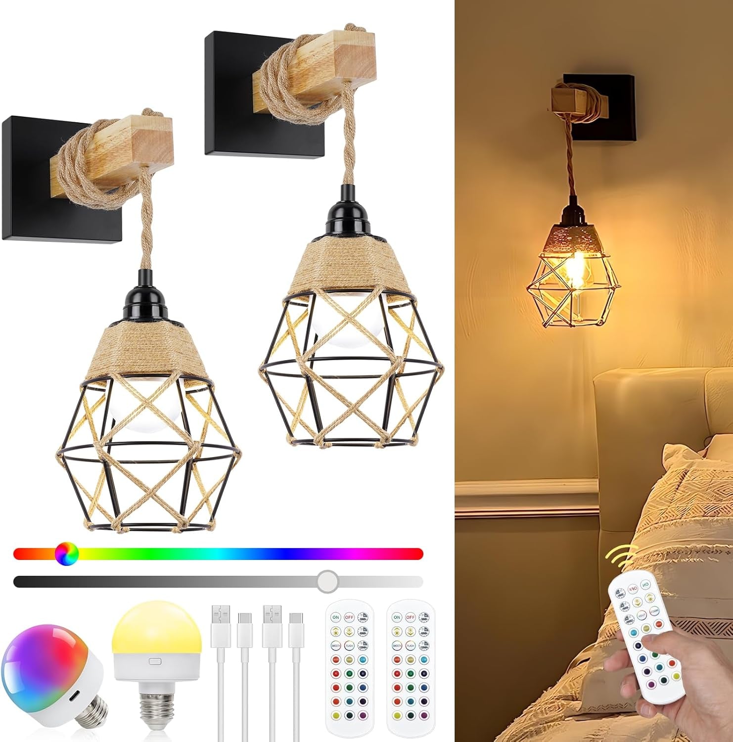 Frideko Boho Rechargeable Wall Sconces Set of Two with Remote, RGB 15 Colors Dimmable Battery Operated Wall Light, Indoor Wireless Wall Lamp with 3 Timer, Farmhouse Rattan Wall Lighting for Bedroom