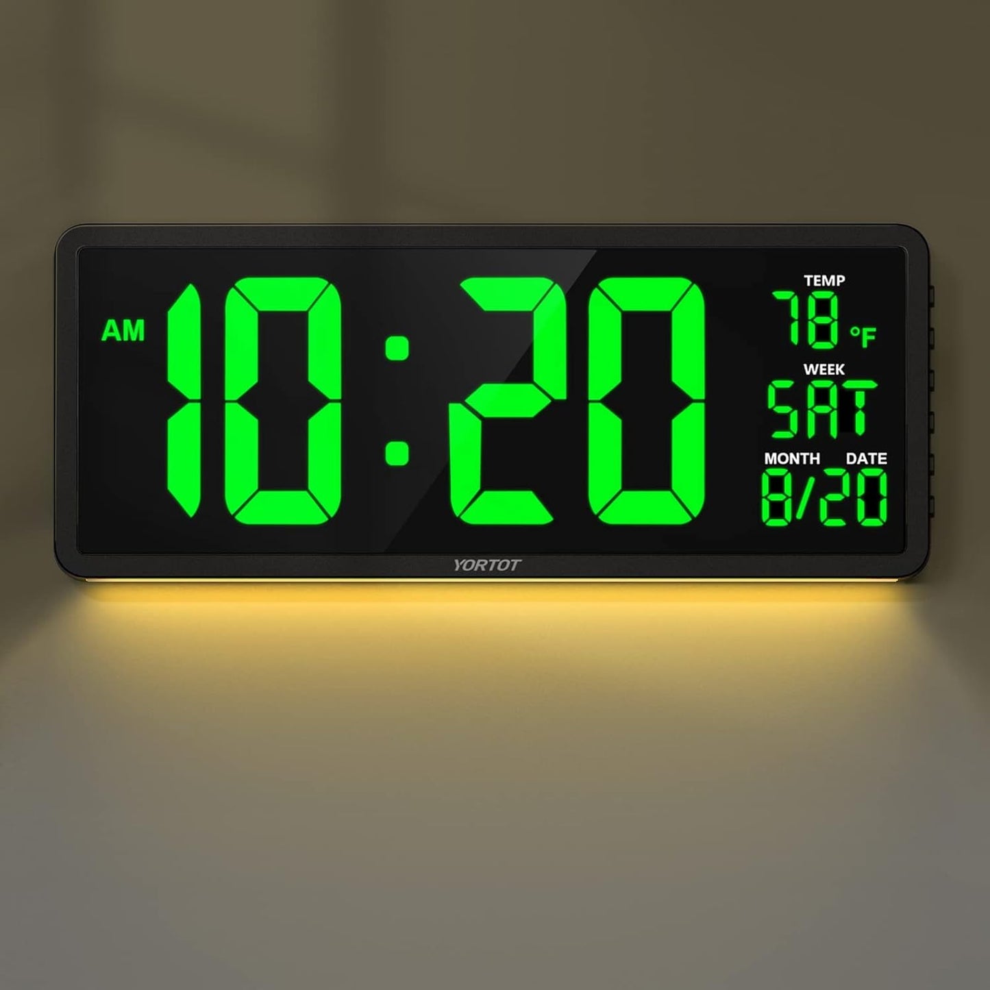 YORTOT 16” Large Digital Wall Clock with Remote Control - Adjustable Dimmer, 7 Color Night Lights, Big LED Clock with Indoor Temperature, Date, Auto DST, 12/24Hour, Wall Mount/Foldable Stand
