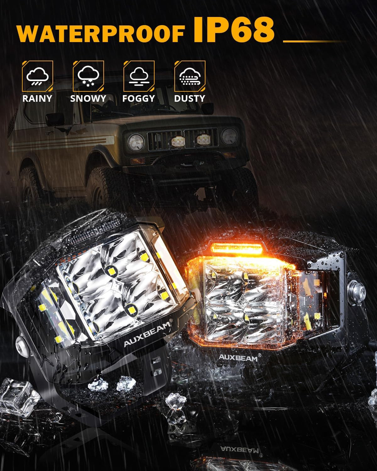 Auxbeam 4 Inch LED Pod Lights, 92W V-MAX Series Square Offroad Driving Lights with Amber DRL, 270° Spot Flood Combo Beam Side Shooter Cube Work Auxiliary Lights with Yellow Cover for Truck SUV ATV UTV