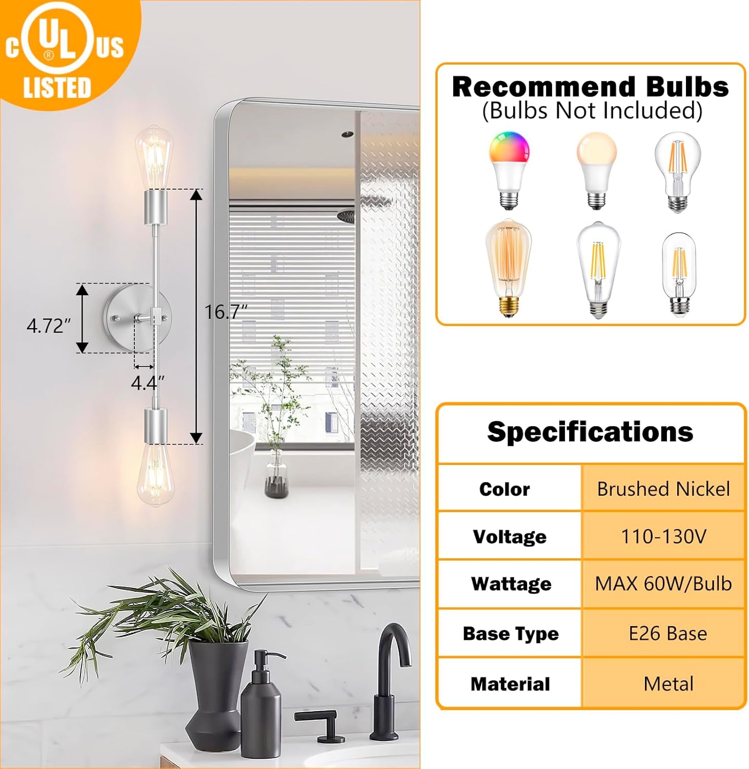 Fadimikoo 2-Light Brushed Nickel Vanity Lights for Bathroom, Silver Bathroom Lighting Fixtures over Mirror, Modern Indoor Wall Sconce Lighting for Bedroom Living Room Kitchen (1 Pack)