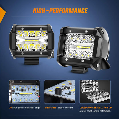 Nilight - ZH416 4PCS 4Inch 60W Triple Row Flood Spot Combo 6000LM LED Pods Light Bar Driving Boat Led off Road Lights with 16AWG Wiring Harness-4 Leads