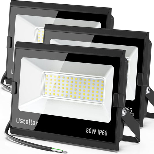 Ustellar 3 Pack 80W LED Flood Lights Outdoor Bright 800W Equiv. 24000LM Security Light outside Lamp IP66 Waterproof 5000K Daylight White Spot Light Exterior Floodlight Lighting for Yard Backyard House