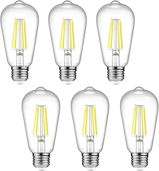 Ascher Dimmable Vintage LED Edison Bulbs, 6W, Equivalent 60W, Bright Daylight White 4000K, 80+ CRI, ST58 Antique LED Filament Bulbs, E26 Medium Base, Clear Glass, Pack of 6