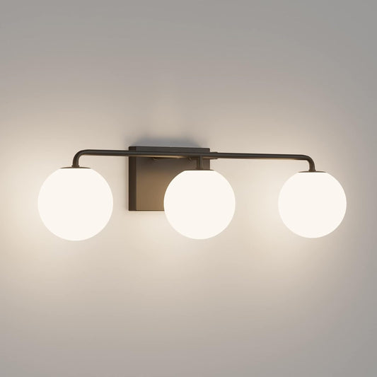 Tipace Mid Century Modern Bathroom Vanity Lights Fixtures 3-Light Black Milk White Globe Glass Industrial Vanity Lighting over Mirror (Exclude Bulb)