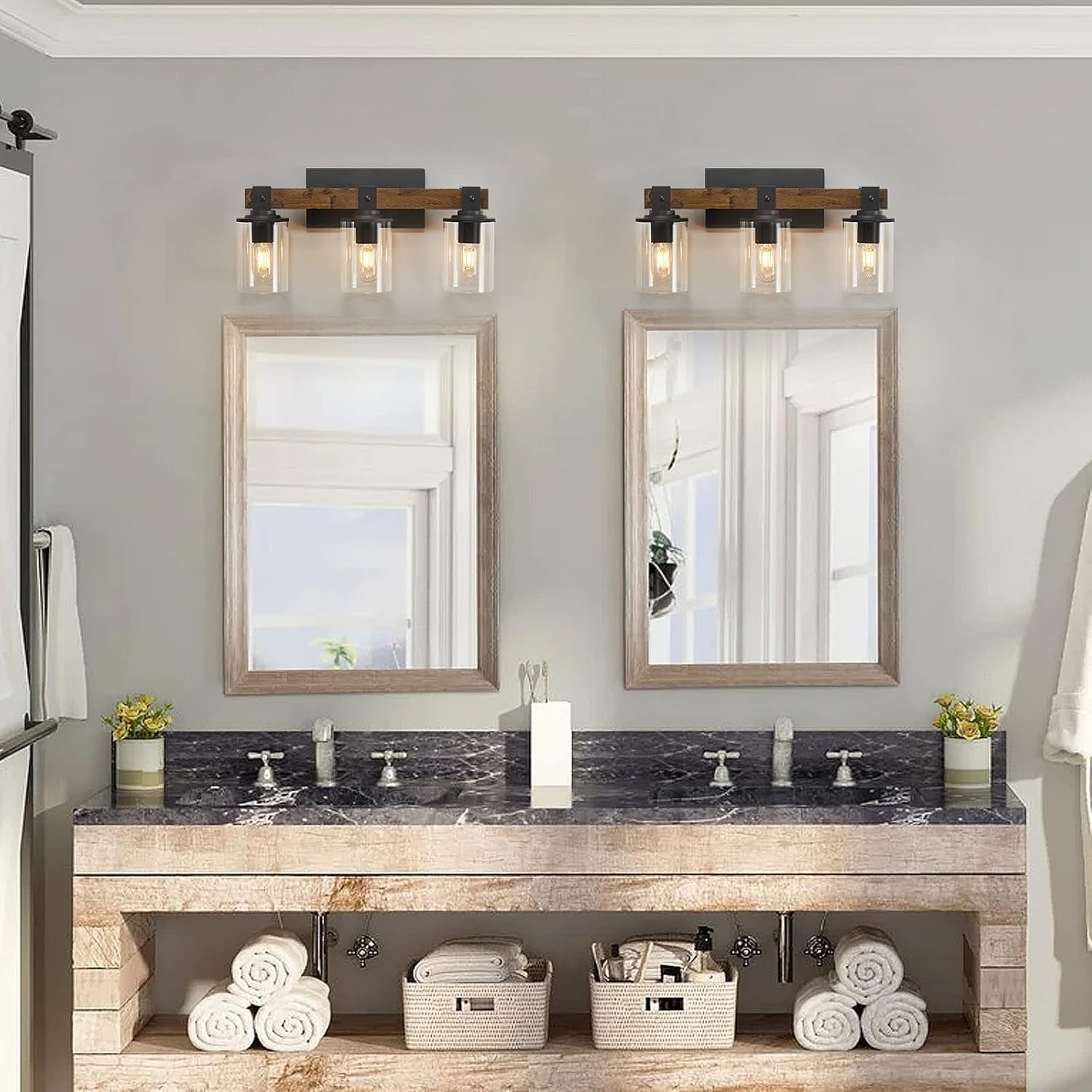 DUJAHMLAND Farmhouse Vanity Light Fixture,3-Light Bathroom Wood Wall Light over Mirror with Clear Glass Shade, Rustic Vintage Wall Sconce Lighting.(Antique Wood, 3-Light)