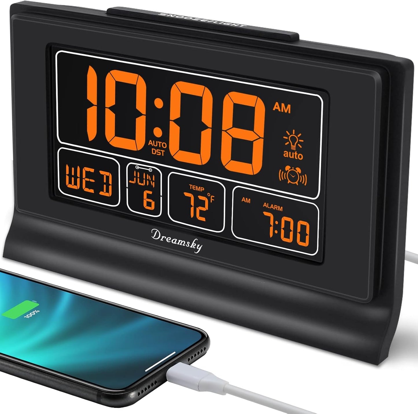 Dreamsky Alarm Clocks for Bedrooms with Battery Backup, Auto Set Digital Clock with Date and Day of Week, Temperature, USB Port, Auto DST, Dimmer, 12/24H