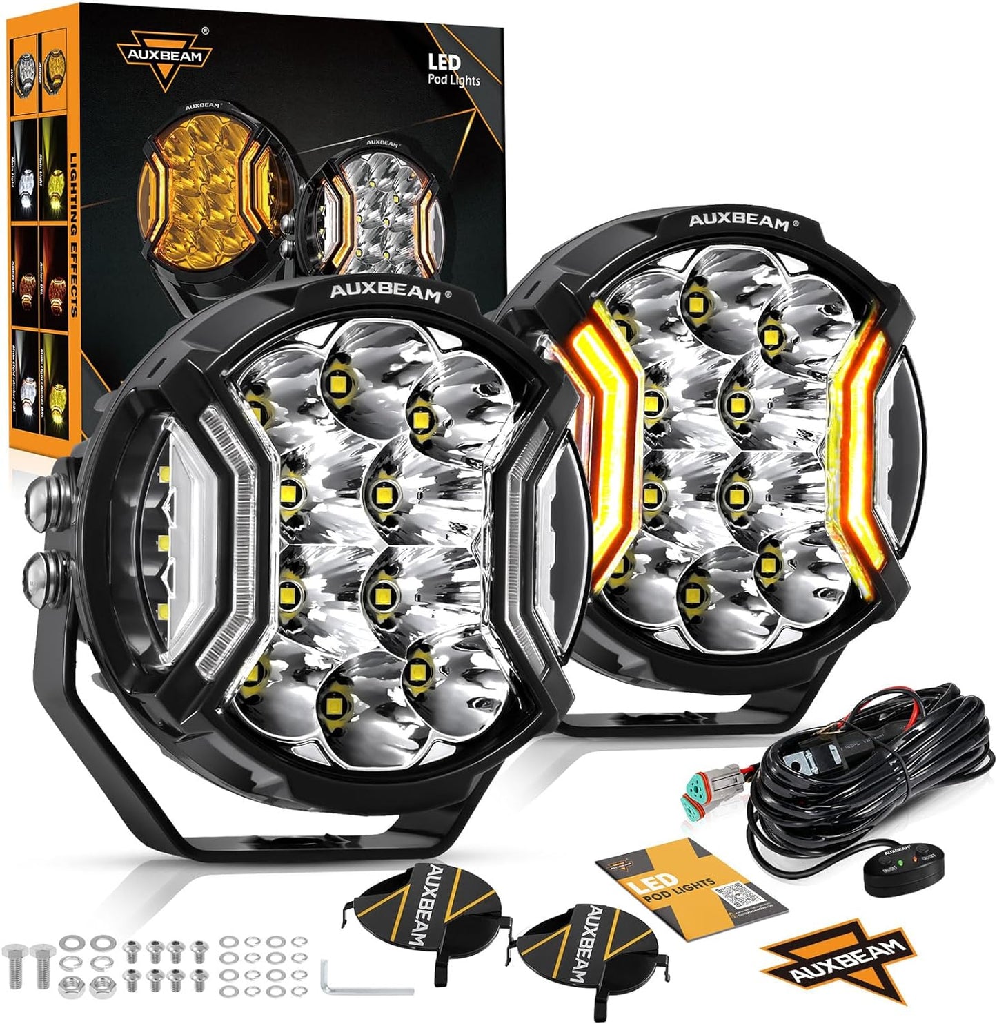 Auxbeam 4 Inch LED Pod Lights, 92W V-MAX Series Square Offroad Driving Lights with Amber DRL, 270° Spot Flood Combo Beam Side Shooter Cube Work Auxiliary Lights with Yellow Cover for Truck SUV ATV UTV