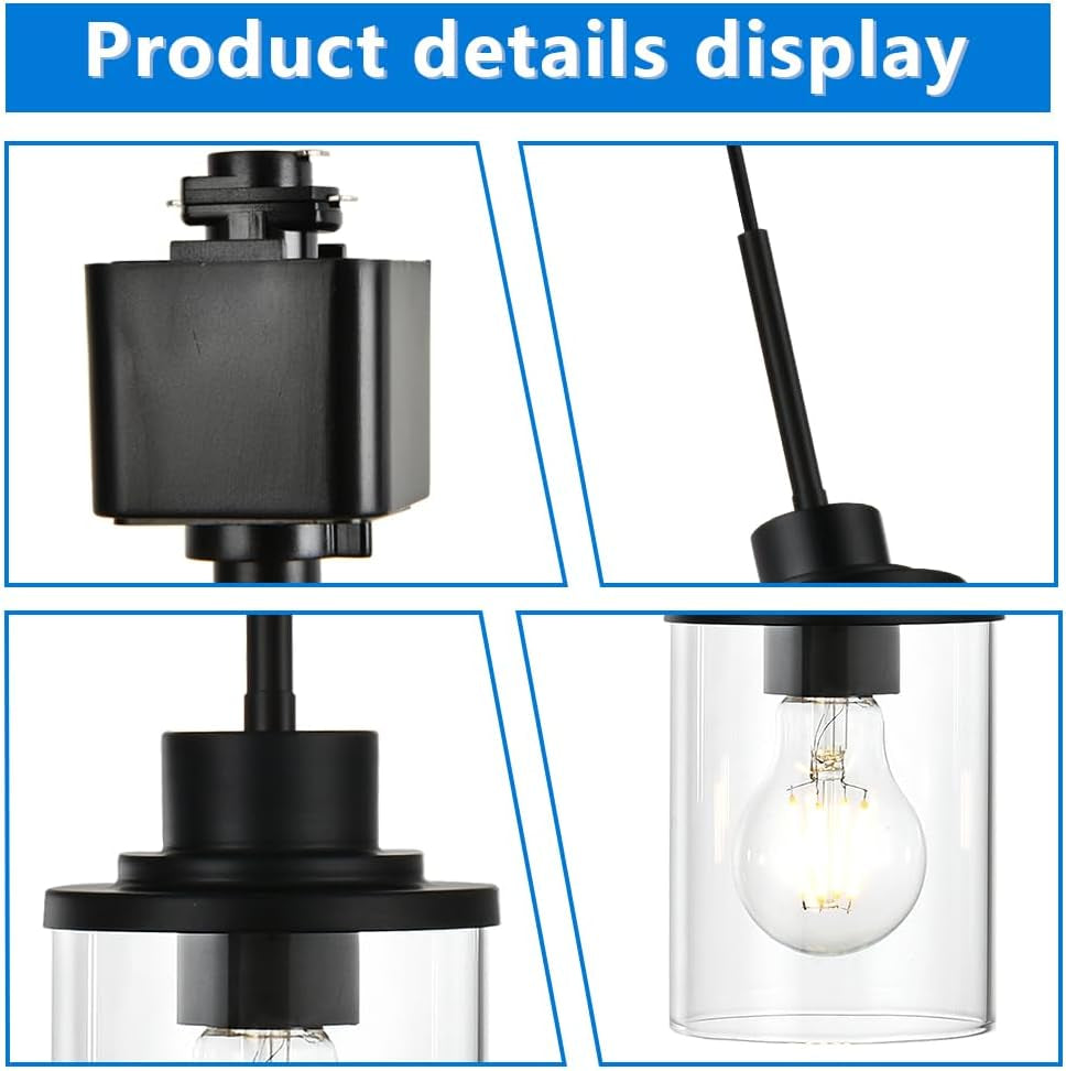 4-Lights H-Type Track Lighting Kitchen Pendant Light Dimmable Black Track Pendant Lighting Fixtures with Clear Glass Shades, Overall Height Approximately 45.8 Inches