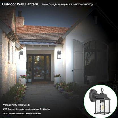 Lit-Path Outdoor Wall Lantern, Wall Sconce as Porch Lighting Fixture, E26 Base, Aluminum Housing plus Glass, Water-Proof and Outdoor Rated, ETL Qualified, 1-Pack, Black