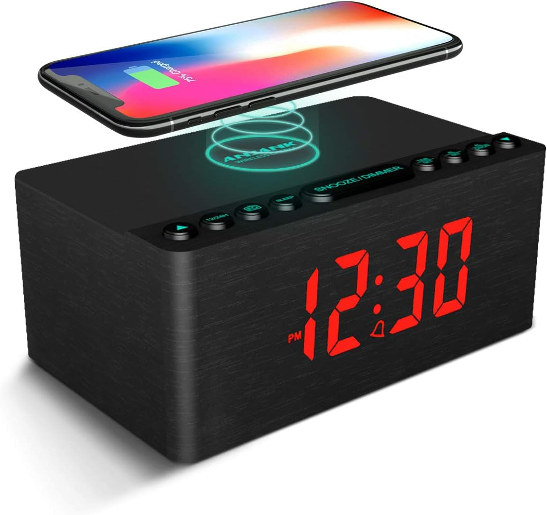 ANJANK Digital LED Alarm Clock FM Radio, Fast Wireless Charger Station for Iphone/Samsung Galaxy, 5 Level Dimmer, USB Charging Port, 2 Sounds, Sleep Timer for Bedroom, Bedside, Desk - Wood