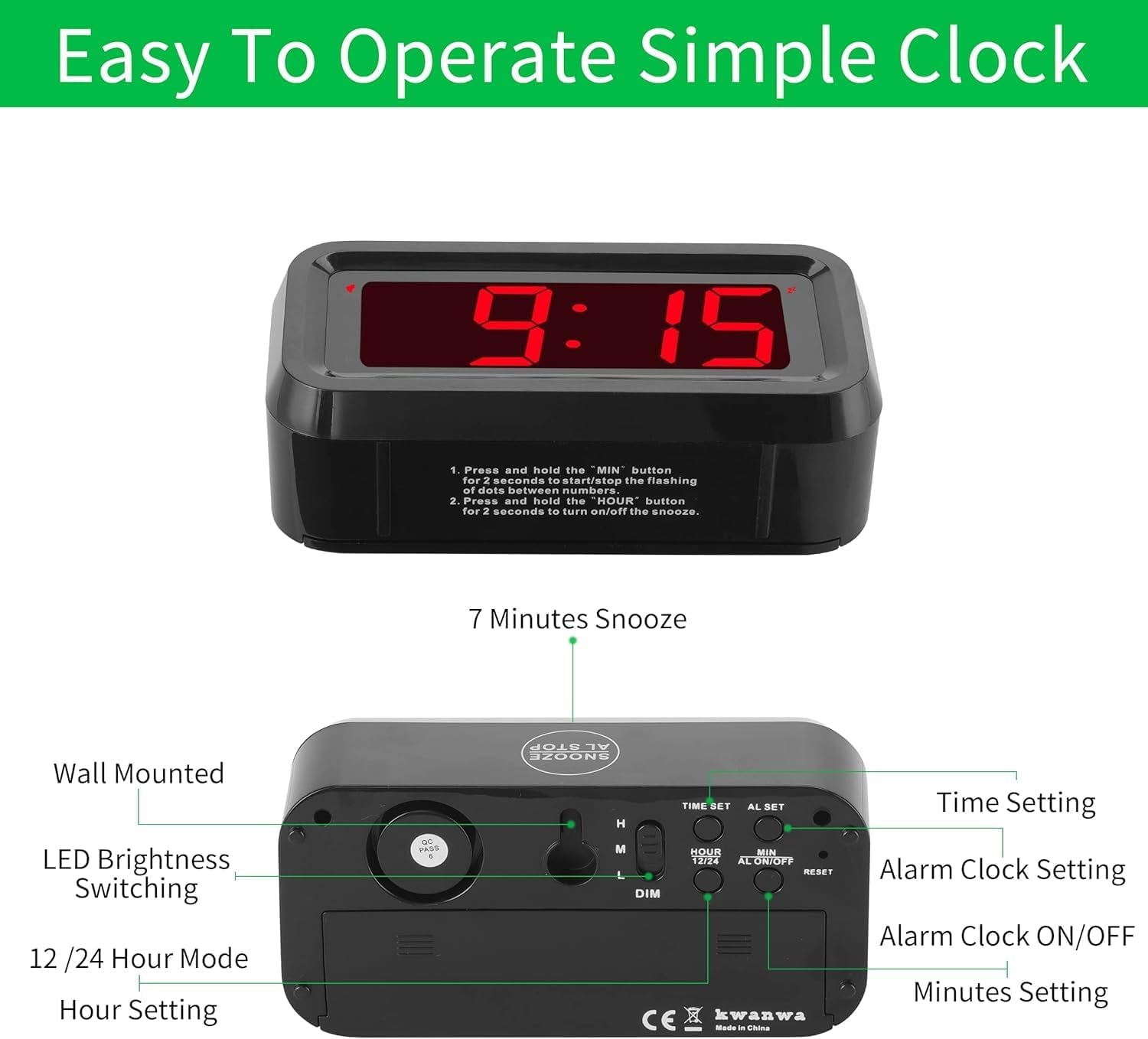 Alarm Clock, LED Digital Clock, Small Wall Clock, Battery Operated, Adjustable 3-Level Led Brightness, Dim Night Mode, 12/24Hr, Cordless, Constantly 1.2'' Digits Display for Bedroom/Travel,Easy to Set