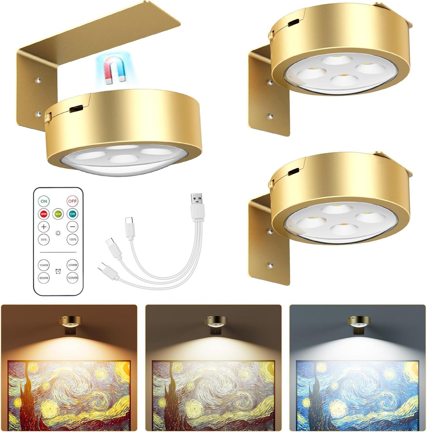 Brightown 2-Pack Picture Lights for Wall,Rechargeable Battery Operated Painting Light Magnetic Art Display Light with Remote, Puck Lights, Dimmable & Timer Art Lighting for Paintings Wireless,Gold