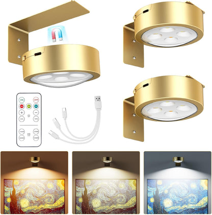 Brightown 2-Pack Picture Lights for Wall,Rechargeable Battery Operated Painting Light Magnetic Art Display Light with Remote, Puck Lights, Dimmable & Timer Art Lighting for Paintings Wireless,Gold
