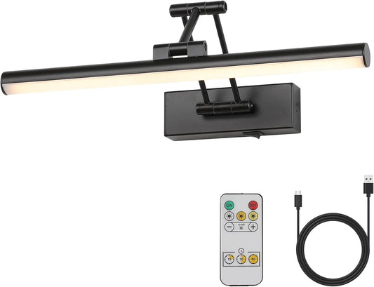 Joossnwell Battery Operated Picture Light Wireless Picture Lights for Paintings with Remote 15.5 Inch Dimmable and Timer Rechargeable Art Light Black Display Gallery Light with Adjustable Swing Arm