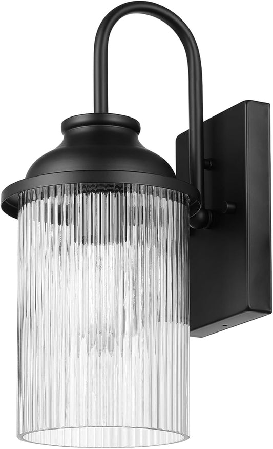 Globe Electric 60000027 1-Light Outdoor Wall Sconce, Matte Black, Ribbed Glass Shade, E26 Bulb, Outdoor Lighting Modern, Front Porch Décor, Wall Lighting, Outdoor Light Fixture, Patio Décor