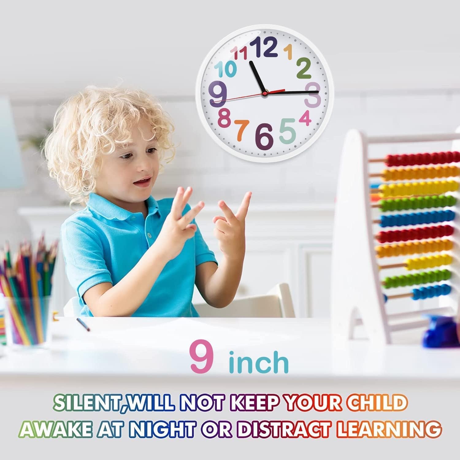 Wall Clock 9 Inch Silent Non Ticking Battery Operated Time Teaching Quartz Home Colorful Read Learn Time Perfect for Teacher'S Classrooms and Kid'S Bedrooms