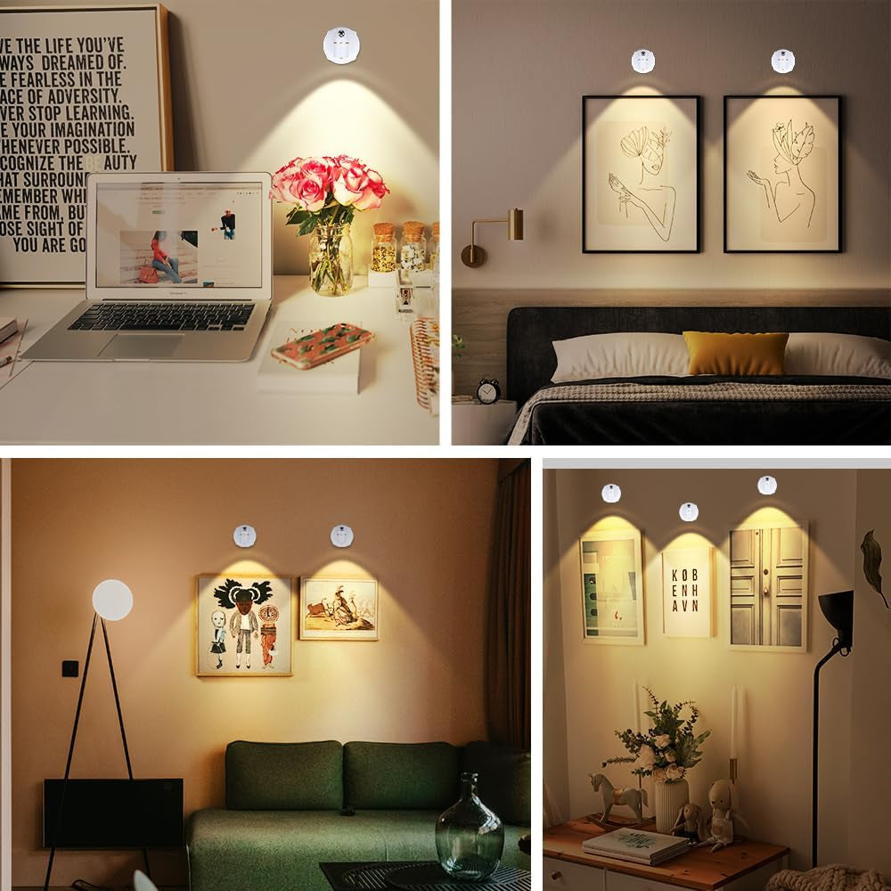 LEASTYLE Spot Lights Battery Operated Picture Lights Mini Accent Lights Indoor Dimmable LED Spotlight with Remote Stick on Anywhere Rotatable Wall Light(2 Pack)