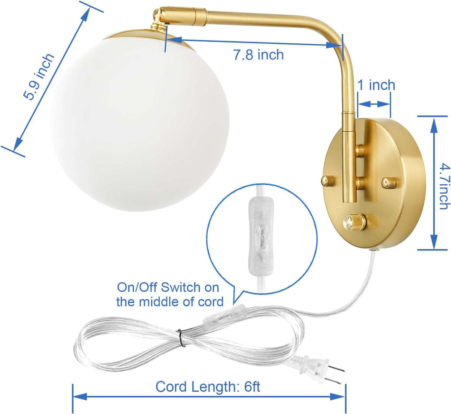 Dimmable Wall Sconces Plug In, Swing Arm Wall Lights with Plug in Cord and Dimmer On/Off Knob Switch, Dimmable Wall Light with Milky White Glass Globe Shade(2 Bulbs Included)