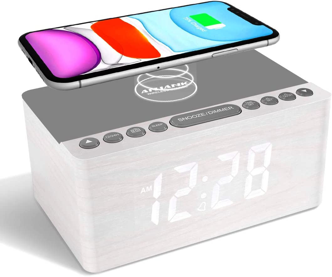 ANJANK Digital LED Alarm Clock FM Radio, Fast Wireless Charger Station for Iphone/Samsung Galaxy, 5 Level Dimmer, USB Charging Port, 2 Sounds, Sleep Timer for Bedroom, Bedside, Desk - Wood